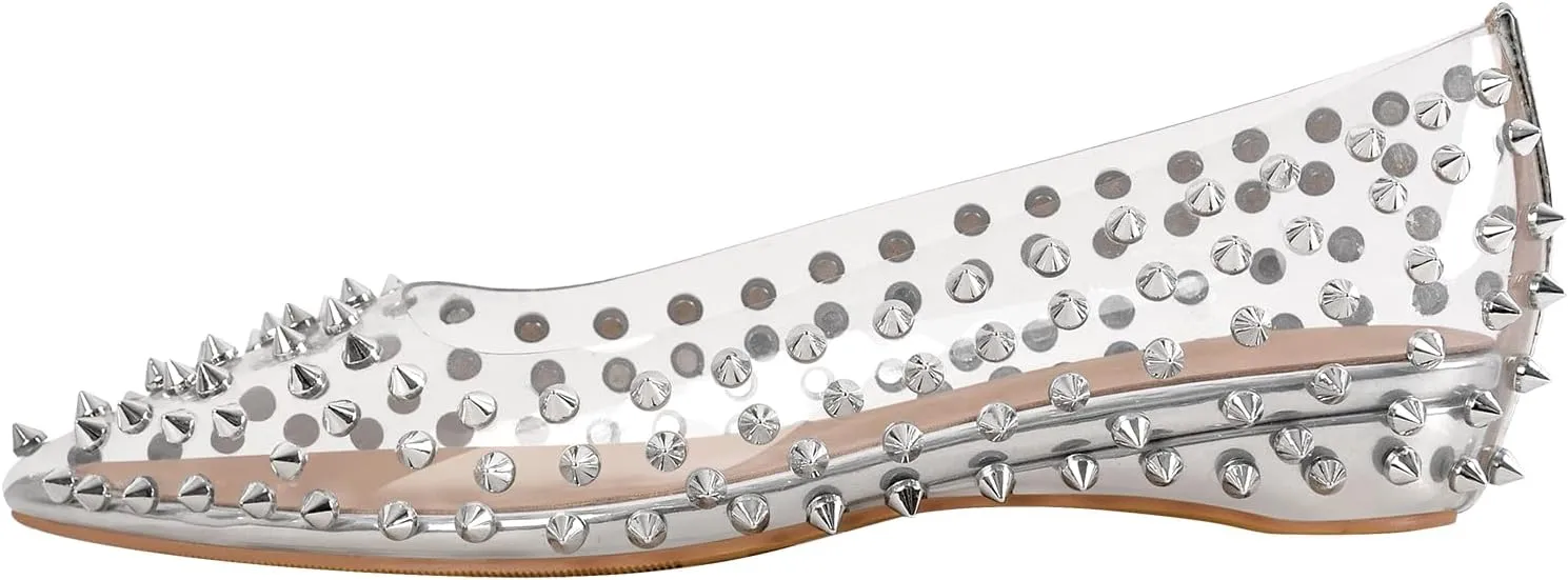 Women's Rivet Pointed Toe Slip on Flats Shoes,Fashion Studded Leather Comfortable Office