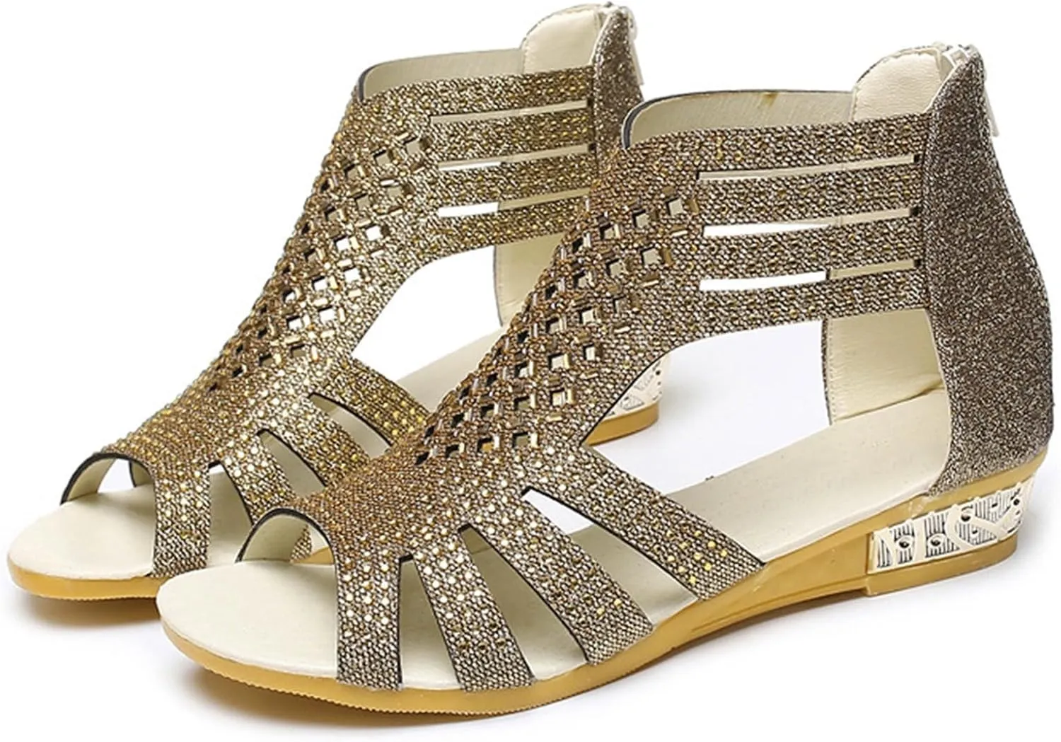 Womens Sandals Dressy Wedge Sparkly Rhinestones Back Zipper Open Toe Strappy Glitter Adorable Comfortable Wedding Shoes