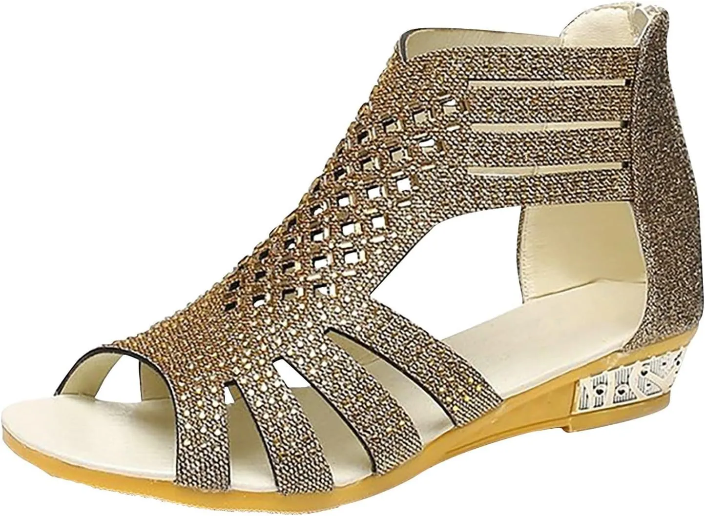 Womens Sandals Dressy Wedge Sparkly Rhinestones Back Zipper Open Toe Strappy Glitter Adorable Comfortable Wedding Shoes