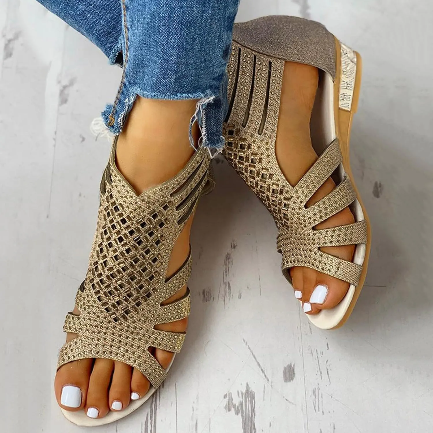 Womens Sandals Dressy Wedge Sparkly Rhinestones Back Zipper Open Toe Strappy Glitter Adorable Comfortable Wedding Shoes