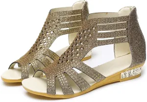 Womens Sandals Dressy Wedge Sparkly Rhinestones Back Zipper Open Toe Strappy Glitter Adorable Comfortable Wedding Shoes
