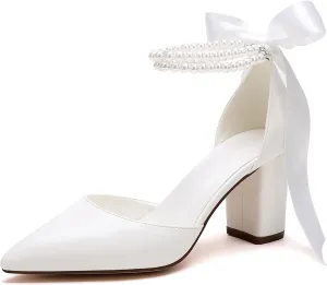 Women's Satin Block Heel Wedding Sandals,High Chunky Ankle Strap Pearl Wedding Dress Shoes,High Heel Bridal Pump Sandals
