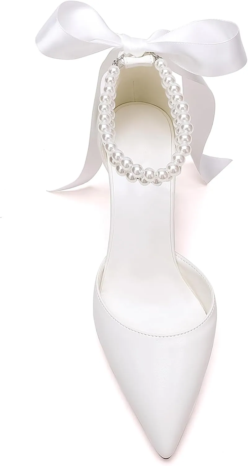 Women's Satin Block Heel Wedding Sandals,High Chunky Ankle Strap Pearl Wedding Dress Shoes,High Heel Bridal Pump Sandals