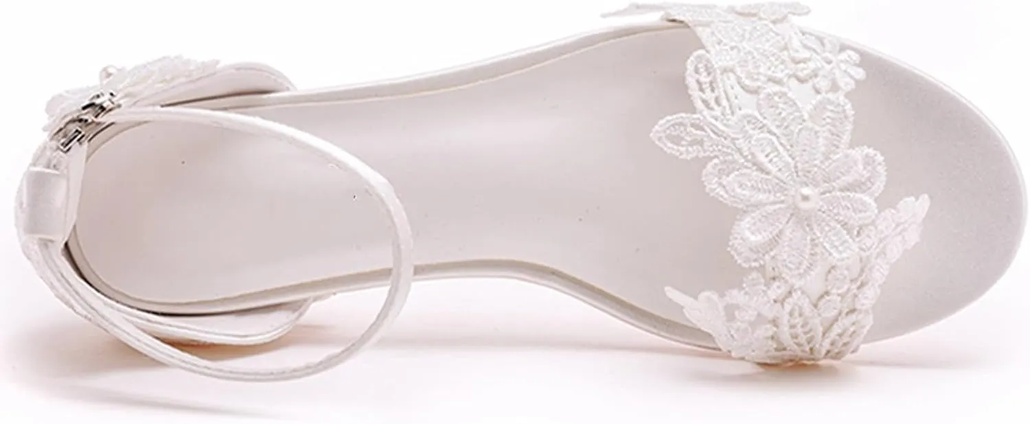 Women's Satin Flat Sandals, White Bridal Shoes Wedding Dress Lace Flower Shallow Mouth Open Toes Ankle Buckle Comfortable Casual Shoes, 38 EU,White