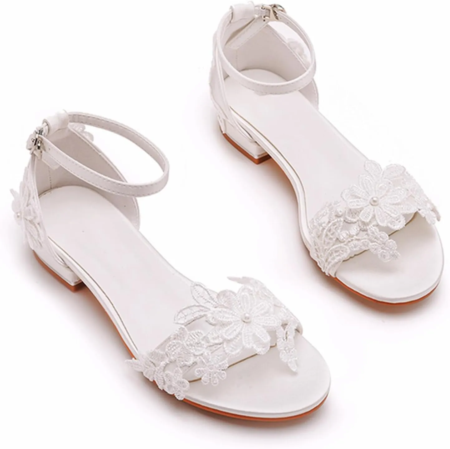 Women's Satin Flat Sandals, White Bridal Shoes Wedding Dress Lace Flower Shallow Mouth Open Toes Ankle Buckle Comfortable Casual Shoes, 38 EU,White