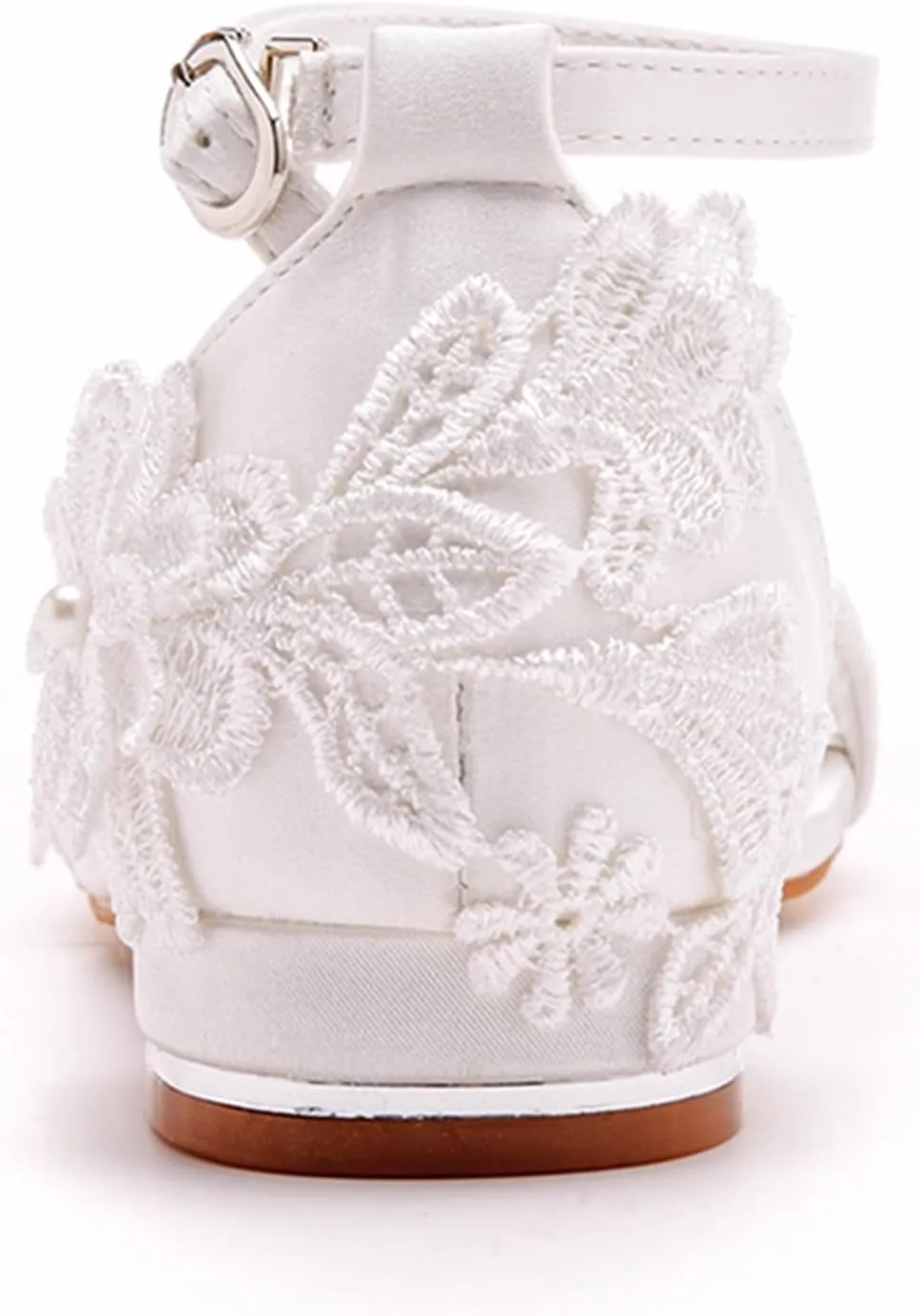 Women's Satin Flat Sandals, White Bridal Shoes Wedding Dress Lace Flower Shallow Mouth Open Toes Ankle Buckle Comfortable Casual Shoes, 38 EU,White