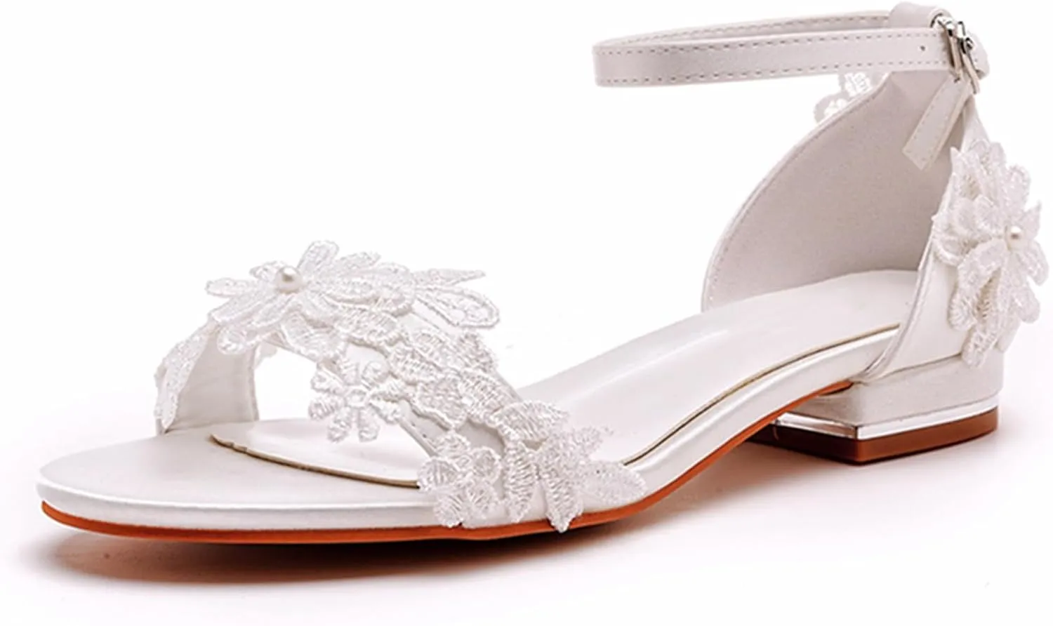 Women's Satin Flat Sandals, White Bridal Shoes Wedding Dress Lace Flower Shallow Mouth Open Toes Ankle Buckle Comfortable Casual Shoes, 38 EU,White