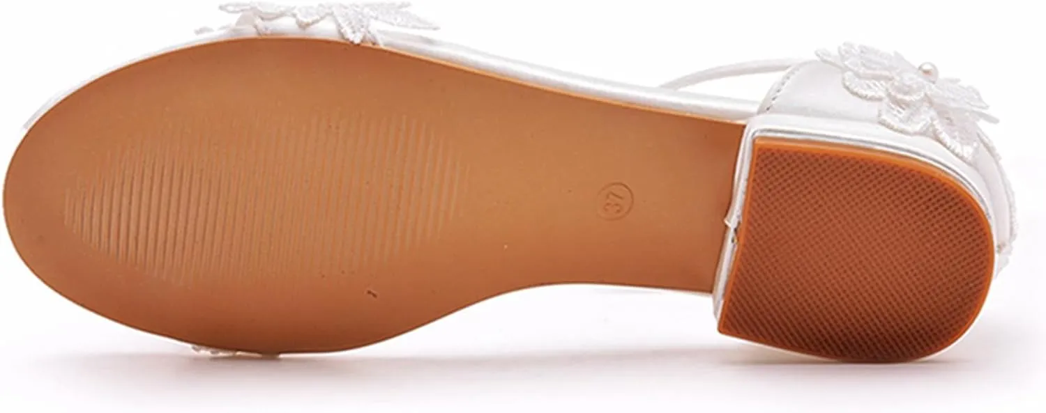Women's Satin Flat Sandals, White Bridal Shoes Wedding Dress Lace Flower Shallow Mouth Open Toes Ankle Buckle Comfortable Casual Shoes, 38 EU,White