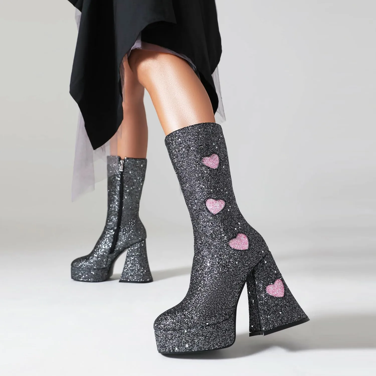 Women's Sexy Chunky Glitter Ankle Boots, Side Zipper High Heel Sparkly Sequin Platform Booties, Shiny Bling Fashion Dress Combat Boot
