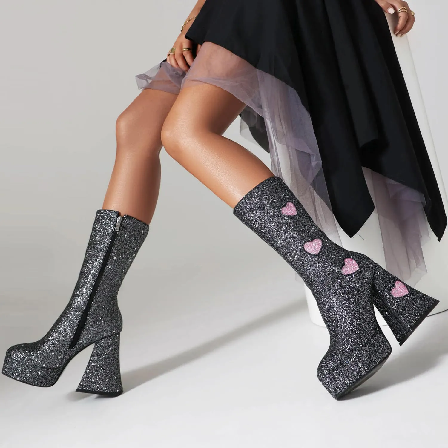 Women's Sexy Chunky Glitter Ankle Boots, Side Zipper High Heel Sparkly Sequin Platform Booties, Shiny Bling Fashion Dress Combat Boot