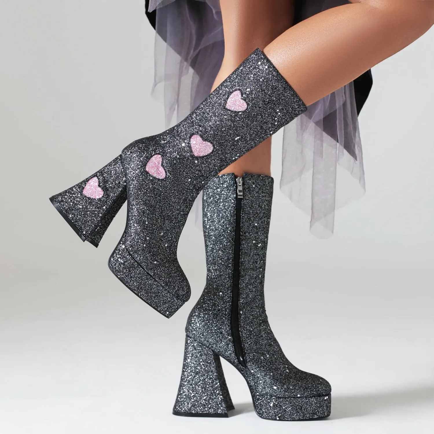 Women's Sexy Chunky Glitter Ankle Boots, Side Zipper High Heel Sparkly Sequin Platform Booties, Shiny Bling Fashion Dress Combat Boot