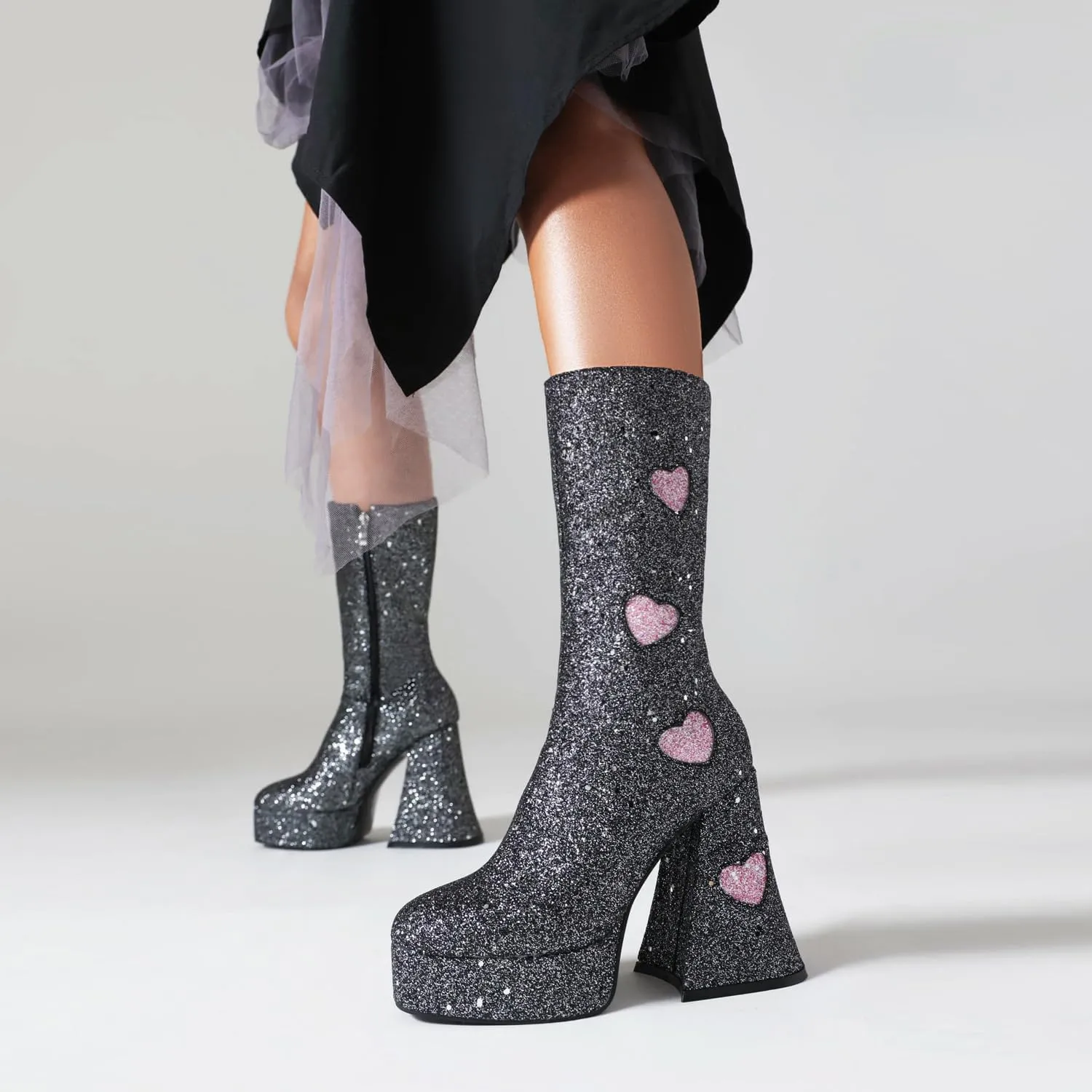 Women's Sexy Chunky Glitter Ankle Boots, Side Zipper High Heel Sparkly Sequin Platform Booties, Shiny Bling Fashion Dress Combat Boot