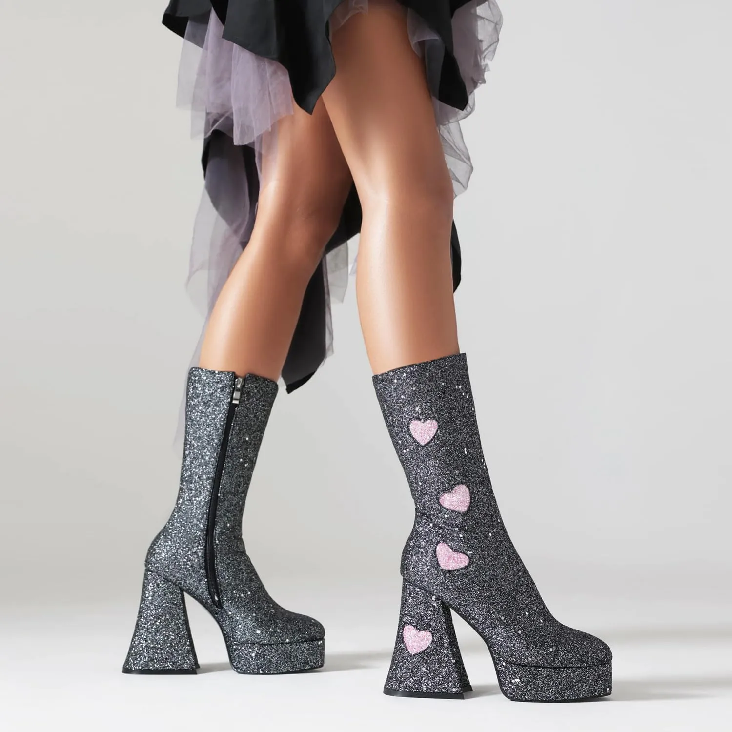 Women's Sexy Chunky Glitter Ankle Boots, Side Zipper High Heel Sparkly Sequin Platform Booties, Shiny Bling Fashion Dress Combat Boot