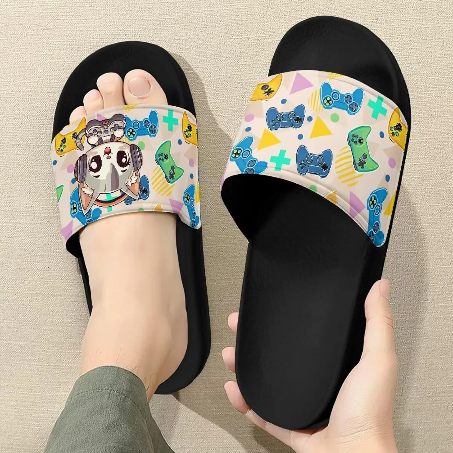 Women's Slide Sandal Comfort Summer Beach Water Shoes Non Slip Slip-On Flat Shower House Slippers Black Sole Size 6-13.5