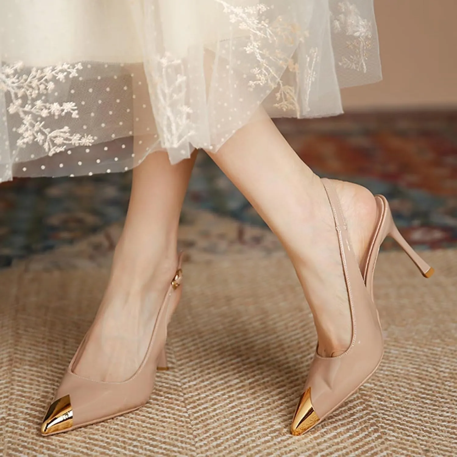 Womens Slingback Pointed Toe Stiletto Pumps Closed Toe Kitten Heels Sandals Prom Wedding Party Dress Shoes,Wide Fit,5cm/7cm/9cm Heel Court Shoes