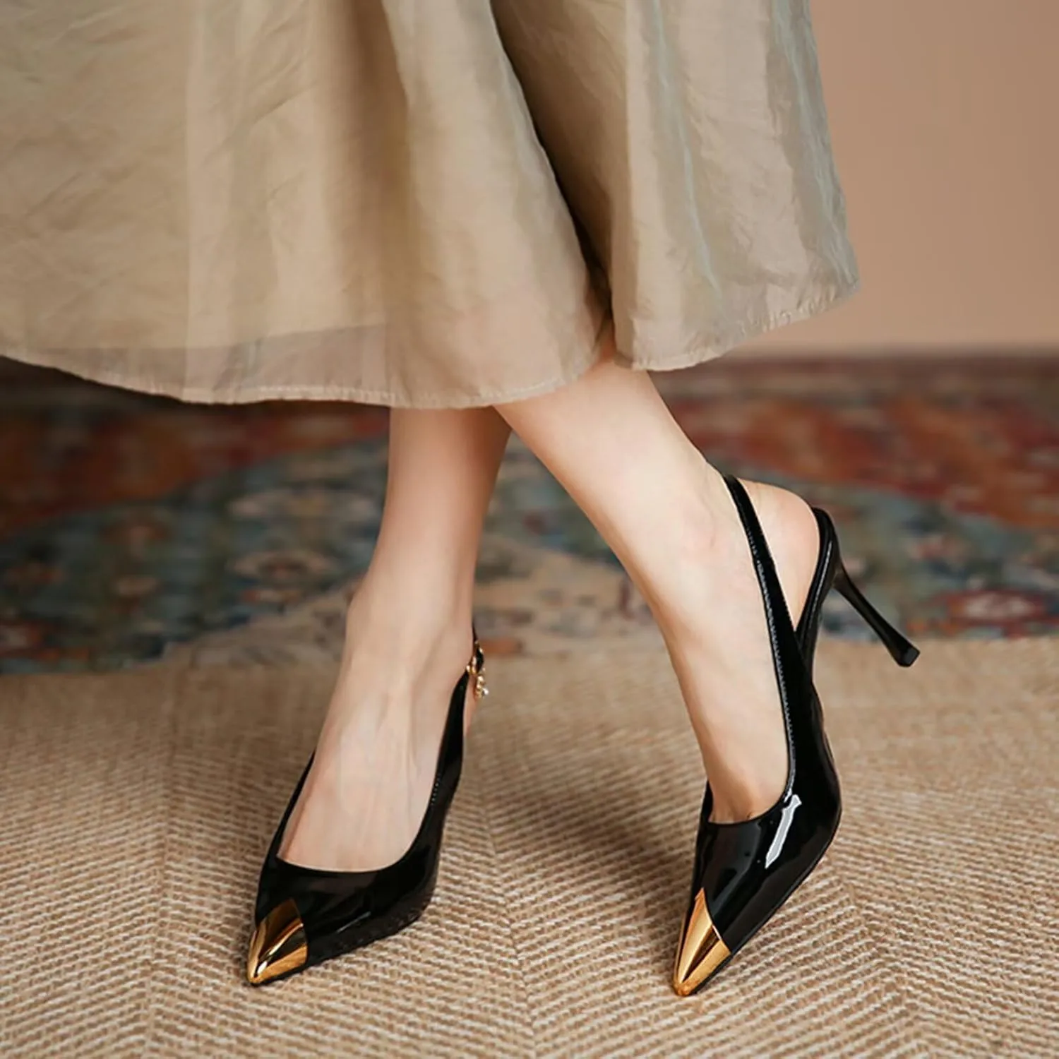 Womens Slingback Pointed Toe Stiletto Pumps Closed Toe Kitten Heels Sandals Prom Wedding Party Dress Shoes,Wide Fit,5cm/7cm/9cm Heel Court Shoes
