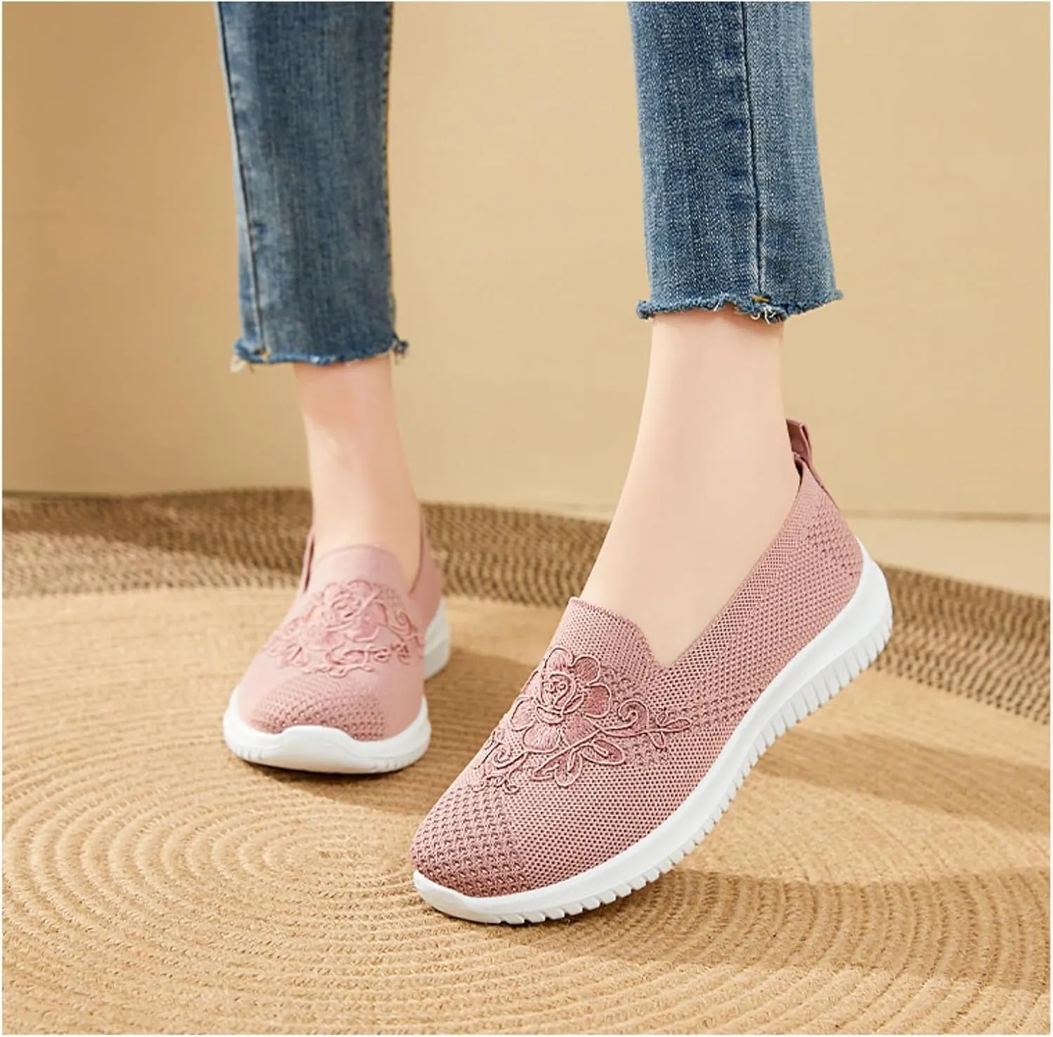 Women's Slip-On Knit Mesh Loafers Lightweight and Comfortable Breathable Mesh Walking Shoe Casual Embroidered Flat Loafers