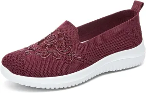 Women's Slip-On Knit Mesh Loafers Lightweight and Comfortable Breathable Mesh Walking Shoe Casual Embroidered Flat Loafers