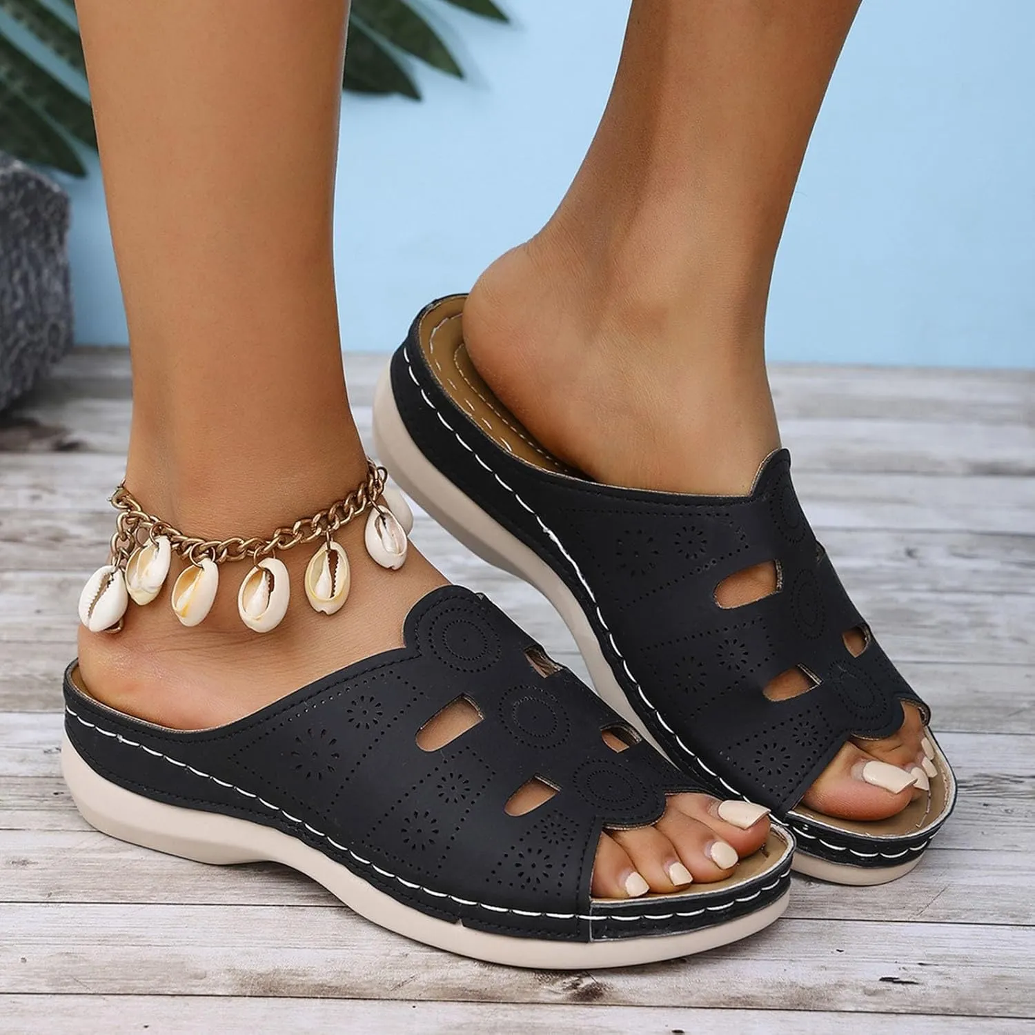 Women's Slip on Sandals Open Toe Arch Support Comfort Slides Summer Cozy Walking Slippers Beach Slide Sandal