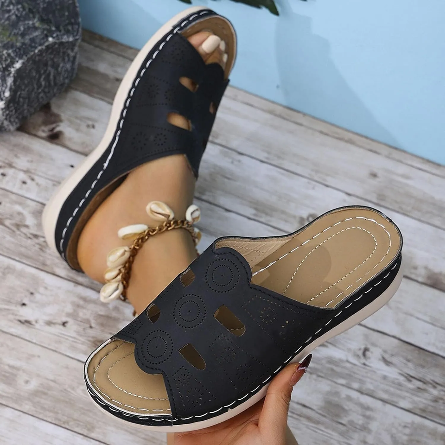 Women's Slip on Sandals Open Toe Arch Support Comfort Slides Summer Cozy Walking Slippers Beach Slide Sandal