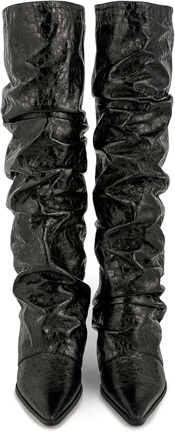 Women's Slouchy Ruched Wedge Knee High Boots - Metallic Fold Over, Glitter Pull On Tall Boots - Covered Wedges, Fashion Party Dancing Shoes