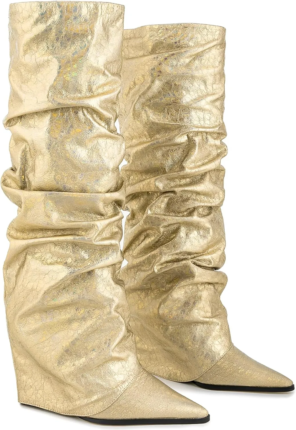 Women's Slouchy Ruched Wedge Knee High Boots - Metallic Fold Over, Glitter Pull On Tall Boots - Covered Wedges, Fashion Party Dancing Shoes