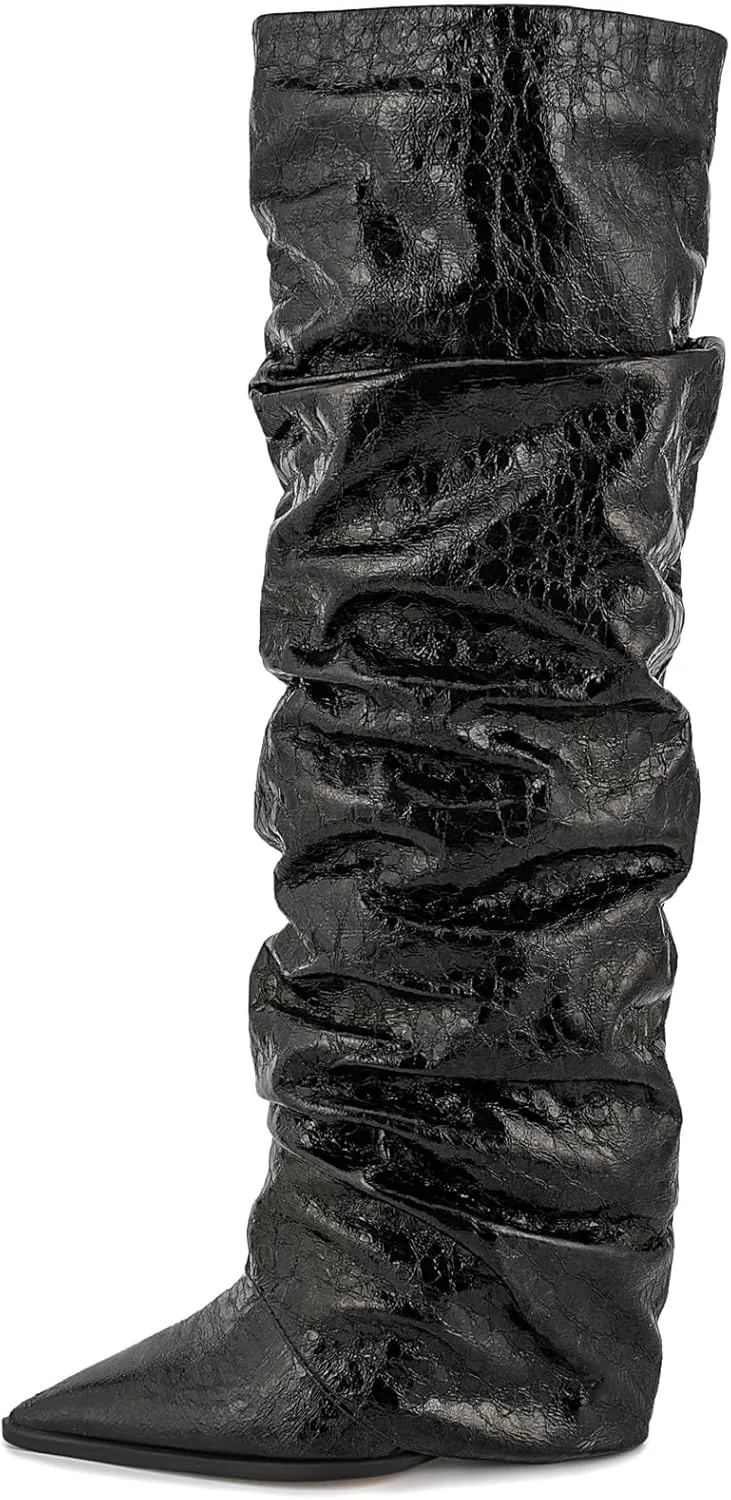 Women's Slouchy Ruched Wedge Knee High Boots - Metallic Fold Over, Glitter Pull On Tall Boots - Covered Wedges, Fashion Party Dancing Shoes
