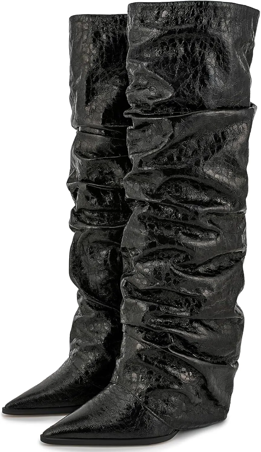 Women's Slouchy Ruched Wedge Knee High Boots - Metallic Fold Over, Glitter Pull On Tall Boots - Covered Wedges, Fashion Party Dancing Shoes