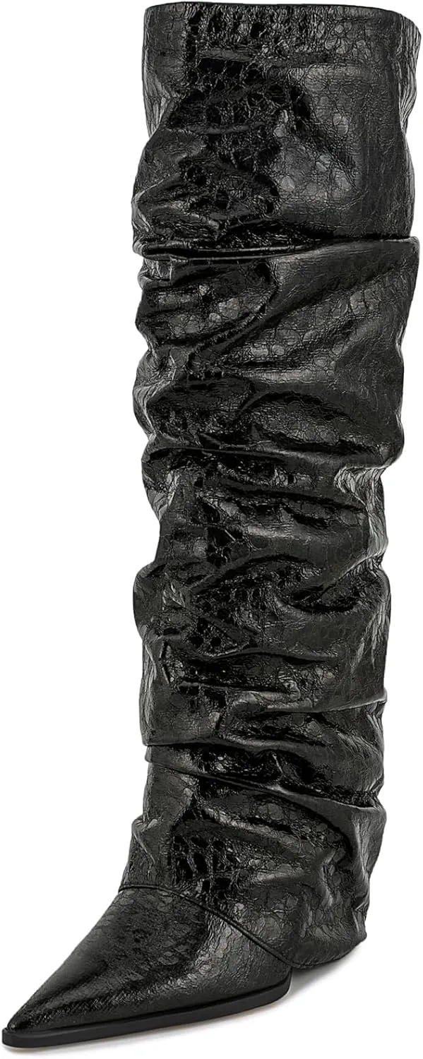 Women's Slouchy Ruched Wedge Knee High Boots - Metallic Fold Over, Glitter Pull On Tall Boots - Covered Wedges, Fashion Party Dancing Shoes