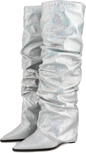Women's Slouchy Ruched Wedge Knee High Boots - Metallic Fold Over, Glitter Pull On Tall Boots - Covered Wedges, Fashion Party Dancing Shoes