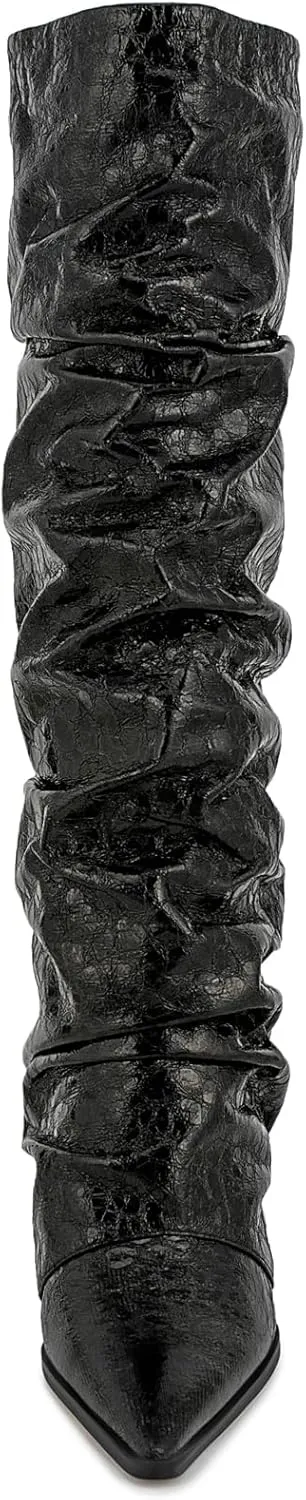 Women's Slouchy Ruched Wedge Knee High Boots - Metallic Fold Over, Glitter Pull On Tall Boots - Covered Wedges, Fashion Party Dancing Shoes