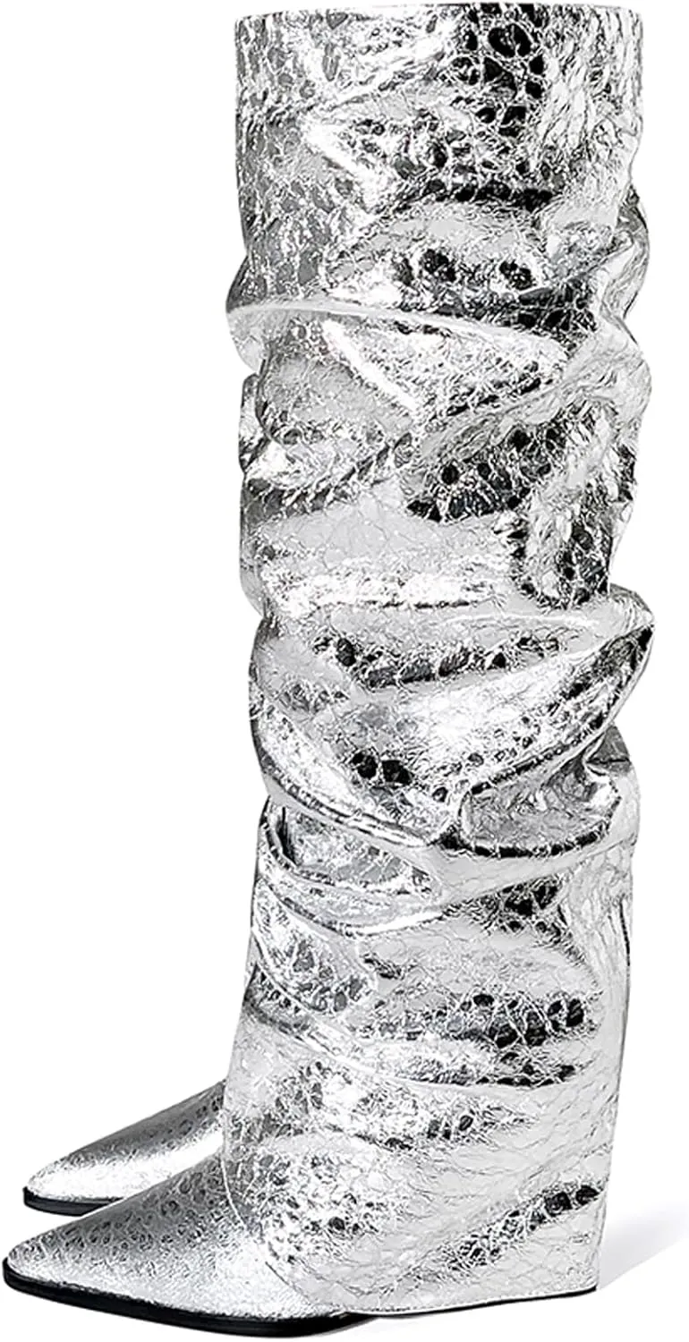 Women's Slouchy Ruched Wedge Knee High Boots - Metallic Fold Over, Glitter Pull On Tall Boots - Covered Wedges, Fashion Party Dancing Shoes