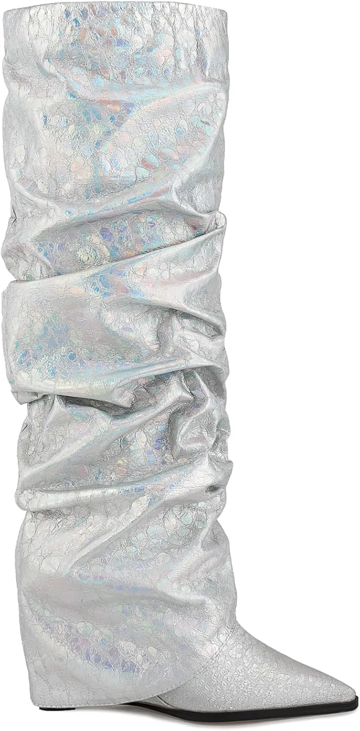 Women's Slouchy Ruched Wedge Knee High Boots - Metallic Fold Over, Glitter Pull On Tall Boots - Covered Wedges, Fashion Party Dancing Shoes