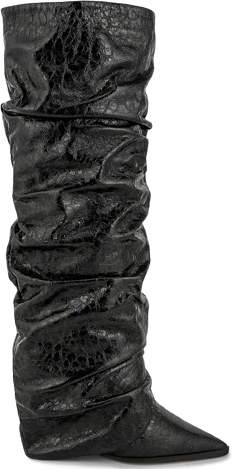 Women's Slouchy Ruched Wedge Knee High Boots - Metallic Fold Over, Glitter Pull On Tall Boots - Covered Wedges, Fashion Party Dancing Shoes