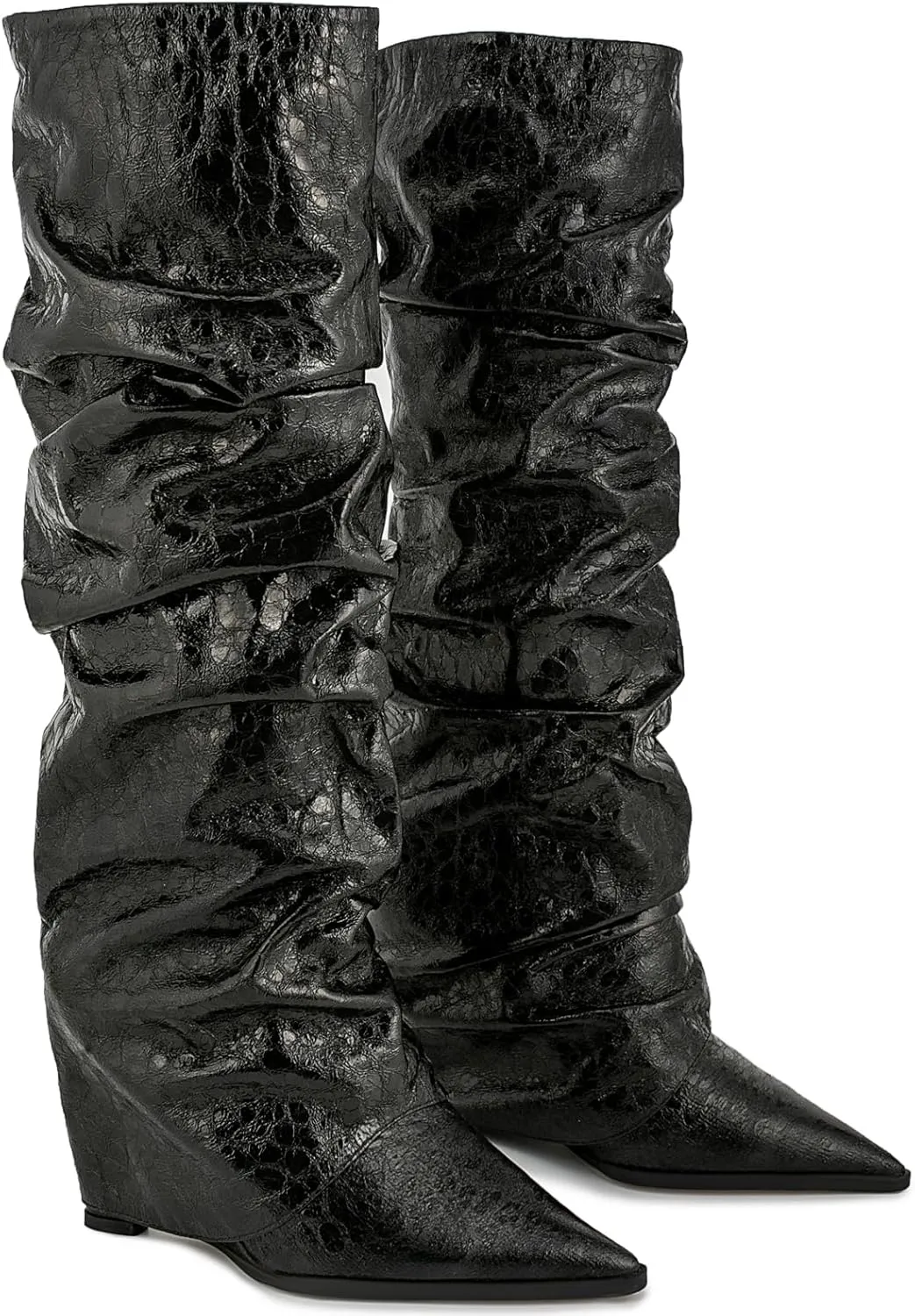 Women's Slouchy Ruched Wedge Knee High Boots - Metallic Fold Over, Glitter Pull On Tall Boots - Covered Wedges, Fashion Party Dancing Shoes