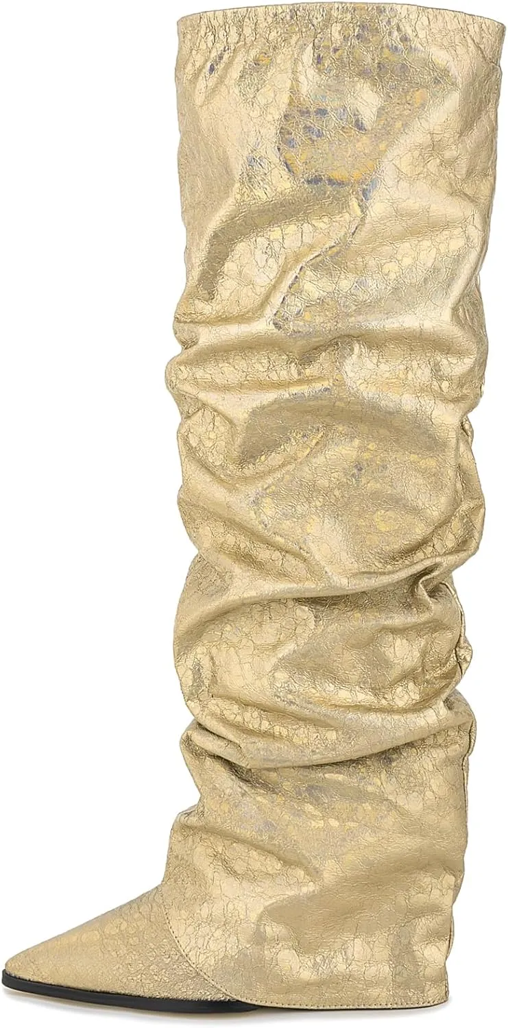Women's Slouchy Ruched Wedge Knee High Boots - Metallic Fold Over, Glitter Pull On Tall Boots - Covered Wedges, Fashion Party Dancing Shoes