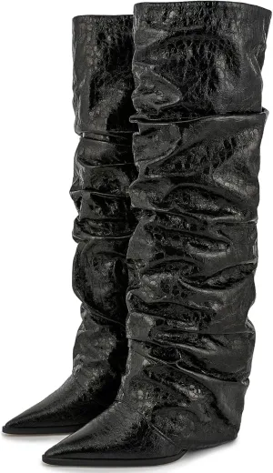 Women's Slouchy Ruched Wedge Knee High Boots - Metallic Fold Over, Glitter Pull On Tall Boots - Covered Wedges, Fashion Party Dancing Shoes