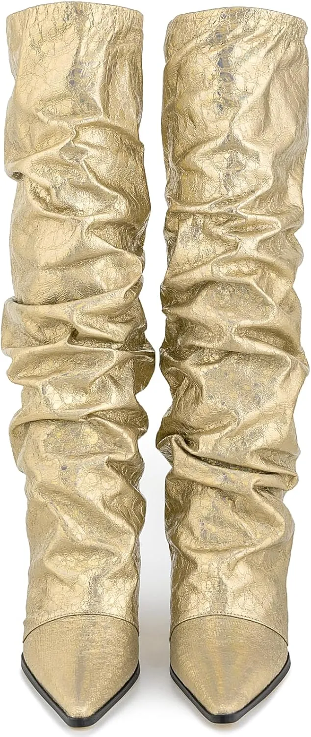 Women's Slouchy Ruched Wedge Knee High Boots - Metallic Fold Over, Glitter Pull On Tall Boots - Covered Wedges, Fashion Party Dancing Shoes