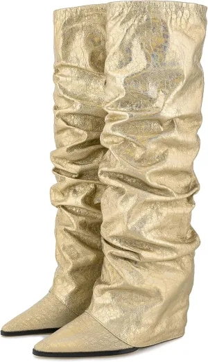Women's Slouchy Ruched Wedge Knee High Boots - Metallic Fold Over, Glitter Pull On Tall Boots - Covered Wedges, Fashion Party Dancing Shoes