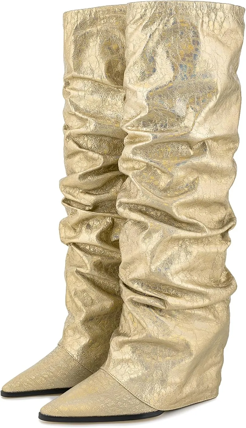 Women's Slouchy Ruched Wedge Knee High Boots - Metallic Fold Over, Glitter Pull On Tall Boots - Covered Wedges, Fashion Party Dancing Shoes