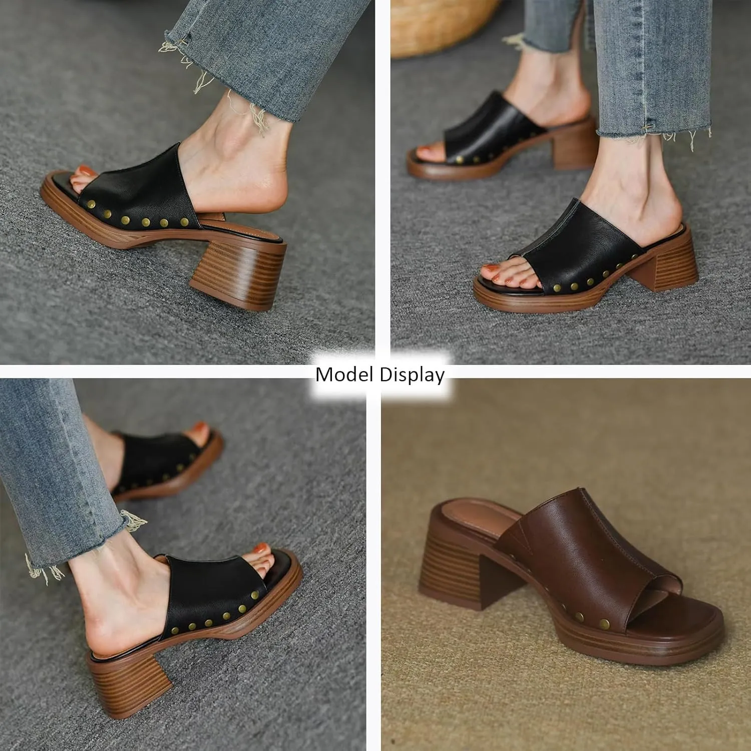 Women'S Soft Leather Open Toe Chunky Block Heel Sandals,Slip-On Square Toe Stacked High Heel Sandals,Comfortable Non-Slip Fashion Retro Wedge Casual Slippers