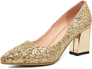 Women's Sparkling Glitter Chunky Heel Closed Toe Pumps Comfortable Mid Block Heel Slip-on Classic Party Dress Shoes