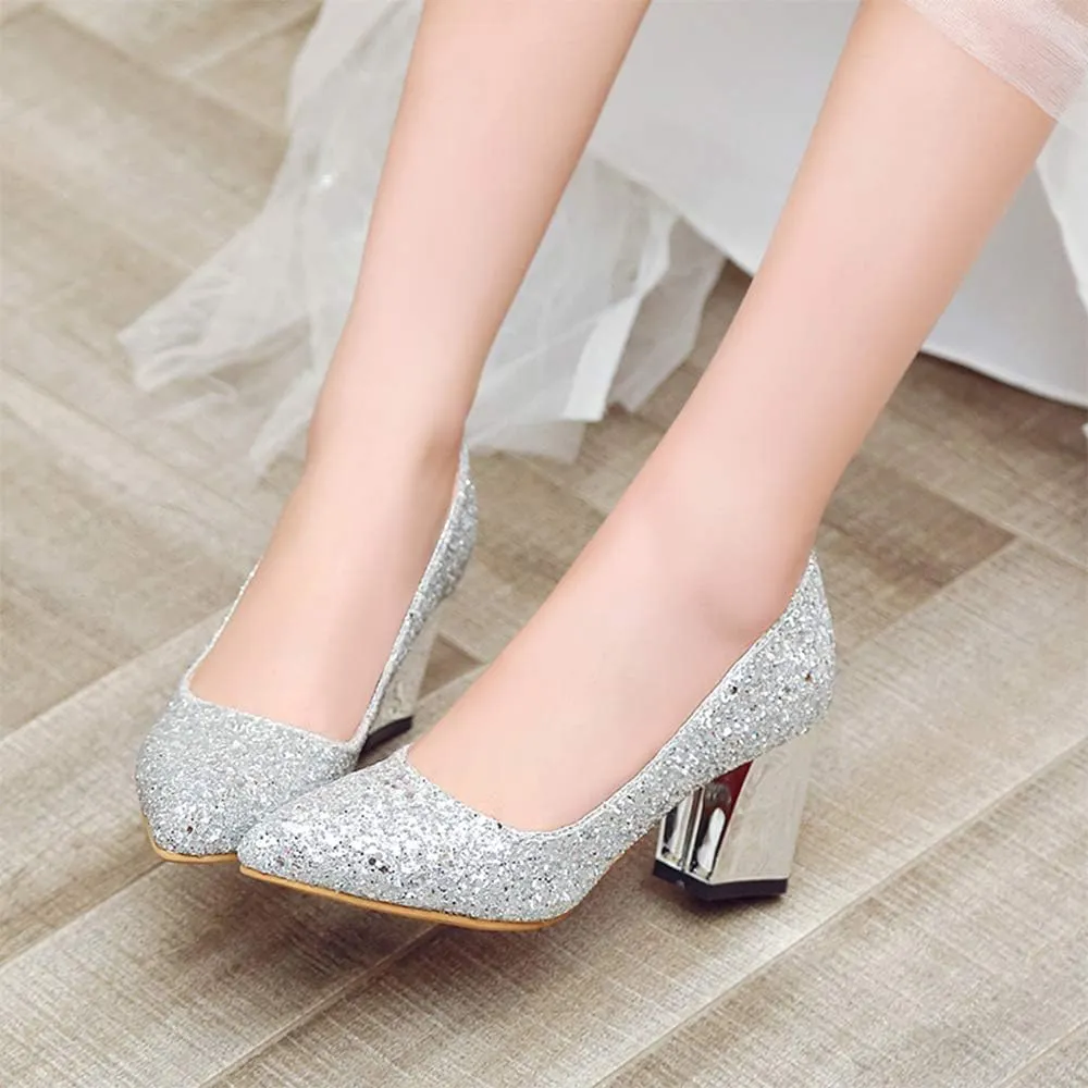 Women's Sparkling Glitter Chunky Heel Closed Toe Pumps Comfortable Mid Block Heel Slip-on Classic Party Dress Shoes