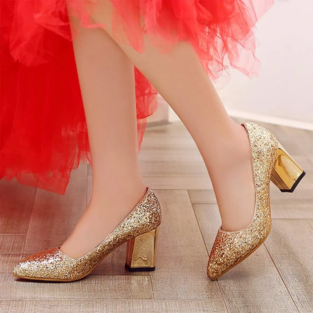 Women's Sparkling Glitter Chunky Heel Closed Toe Pumps Comfortable Mid Block Heel Slip-on Classic Party Dress Shoes