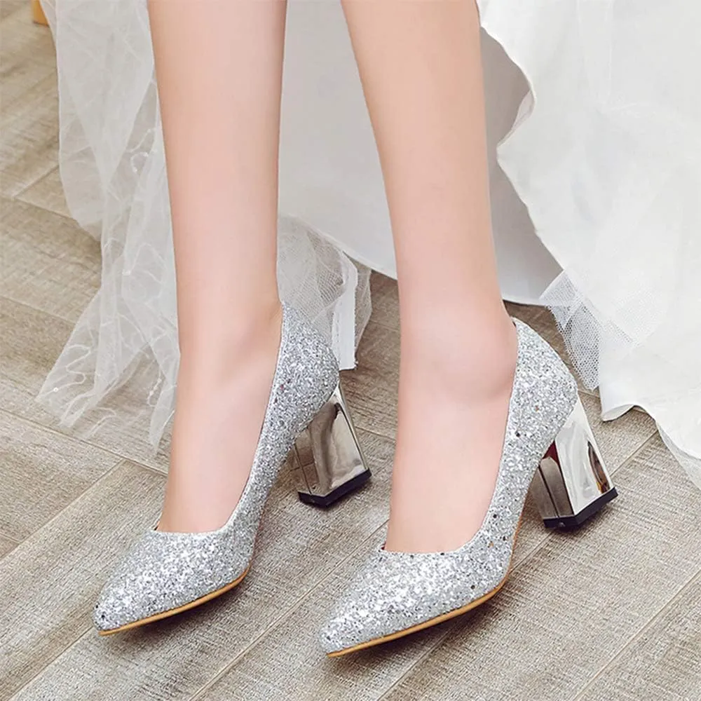 Women's Sparkling Glitter Chunky Heel Closed Toe Pumps Comfortable Mid Block Heel Slip-on Classic Party Dress Shoes