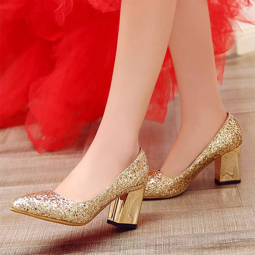 Women's Sparkling Glitter Chunky Heel Closed Toe Pumps Comfortable Mid Block Heel Slip-on Classic Party Dress Shoes