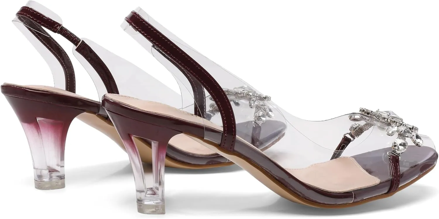 Womens Sparkly Clear Slingback Summer Sandals,Ladies Low Heel Trendy Dressy Casual Rhinestones Sexy Short Heel Glitter Evening Party Bridal Wedding Shoe