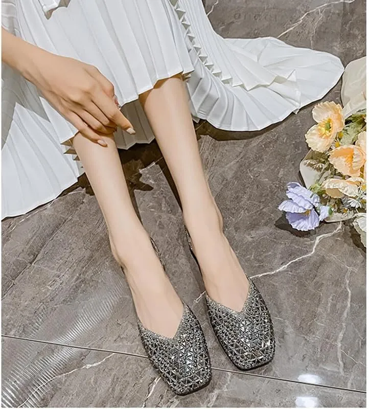 Women's Sparkly Flats Dress Shoes Wedding Low Wedges Square Toe Rhinestone Ballet Flats with Bow
