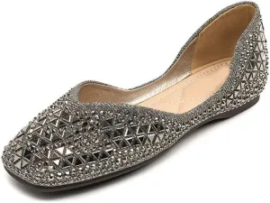 Women's Sparkly Flats Dress Shoes Wedding Low Wedges Square Toe Rhinestone Ballet Flats with Bow