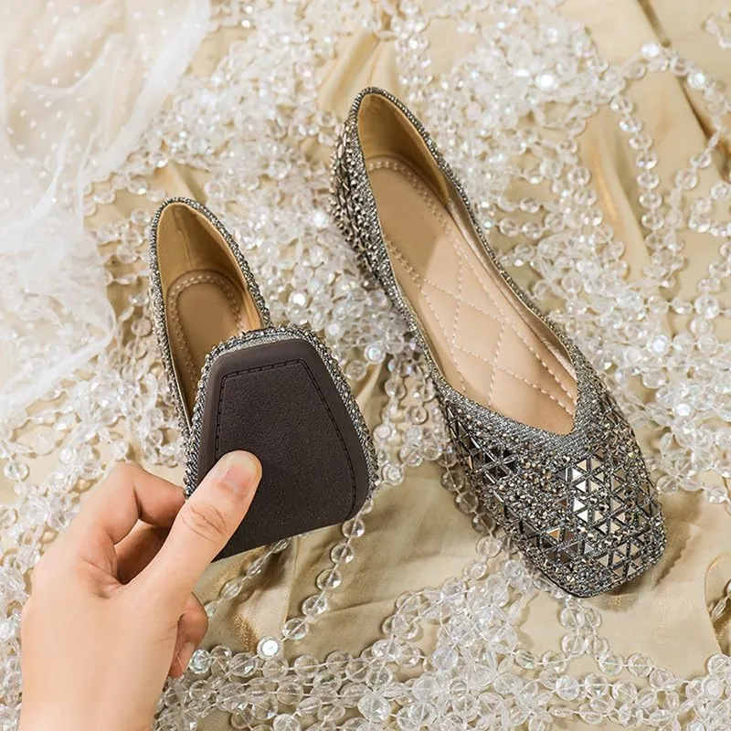 Women's Sparkly Flats Dress Shoes Wedding Low Wedges Square Toe Rhinestone Ballet Flats with Bow
